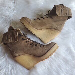 Carolina Herrera Brown Suede Platform Wedge Lace Up Boots SZ 8.5